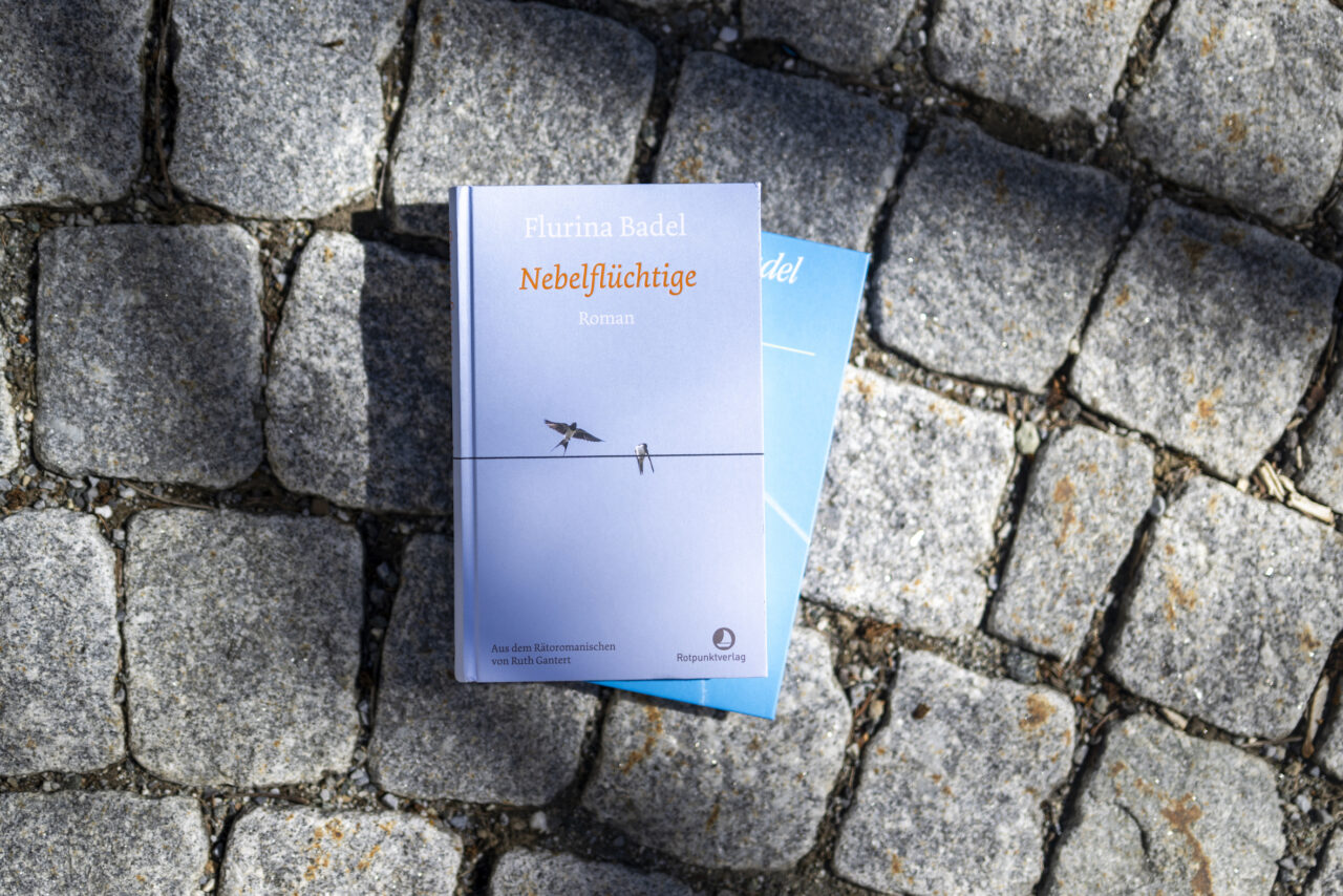 Purple paperback Nebelflüchtige by Flurina Badel lying on gray cobblestones.