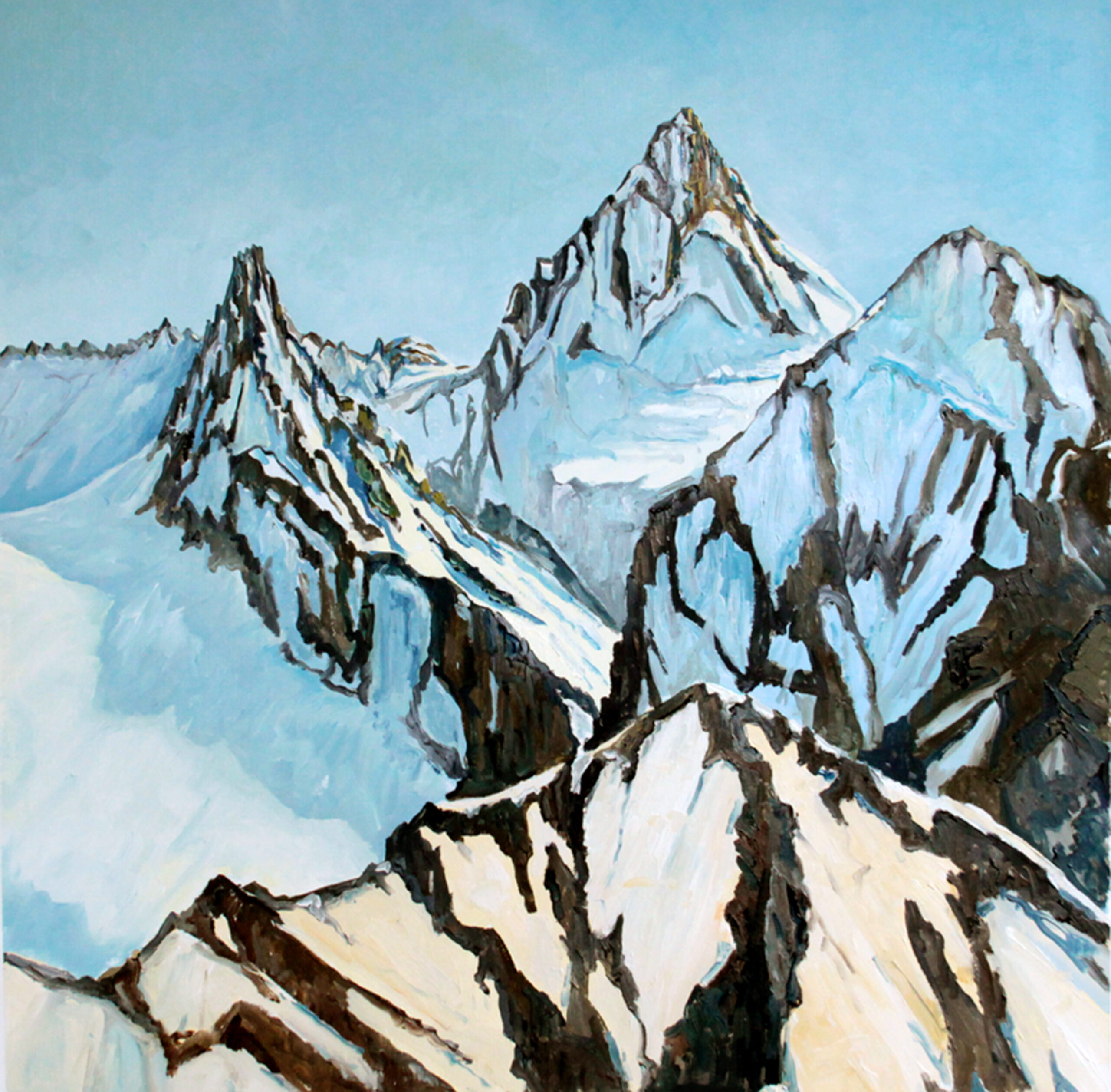 Painted mountain range with snow-covered peaks against a pale blue sky