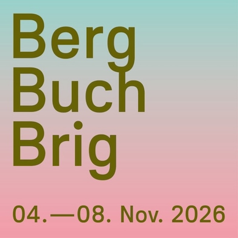 Poster with gradient teal-to-pink background; large stacked olive text reads Berg, Buch, Brig, with dates 04–08 Nov 2026 at the bottom.